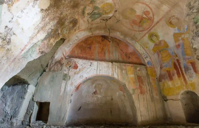 Medieval Georgian frescoes inside cave monastery