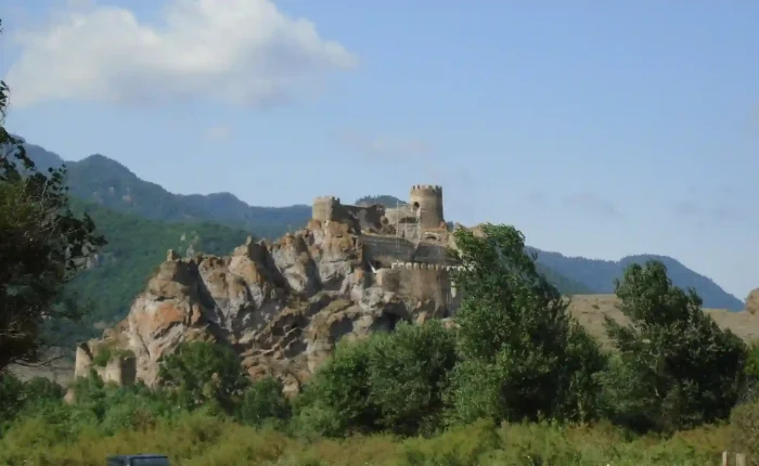 The dramatic mountain ruins of Atskuri Fortress guarding the Borjomi Gorge in Meskheti