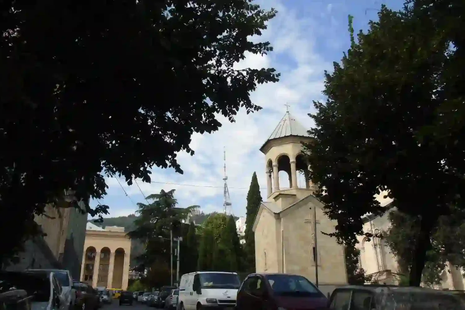 Modern architectural columns in Tbilisi city center - Tour to Kinchkha Waterfall.