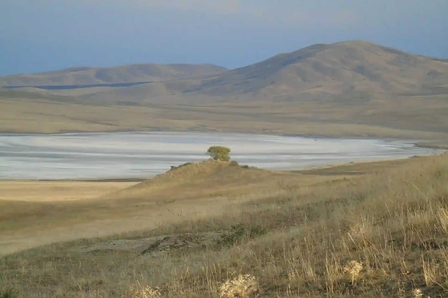 Distant view of a salt lake from the Lavra monastery