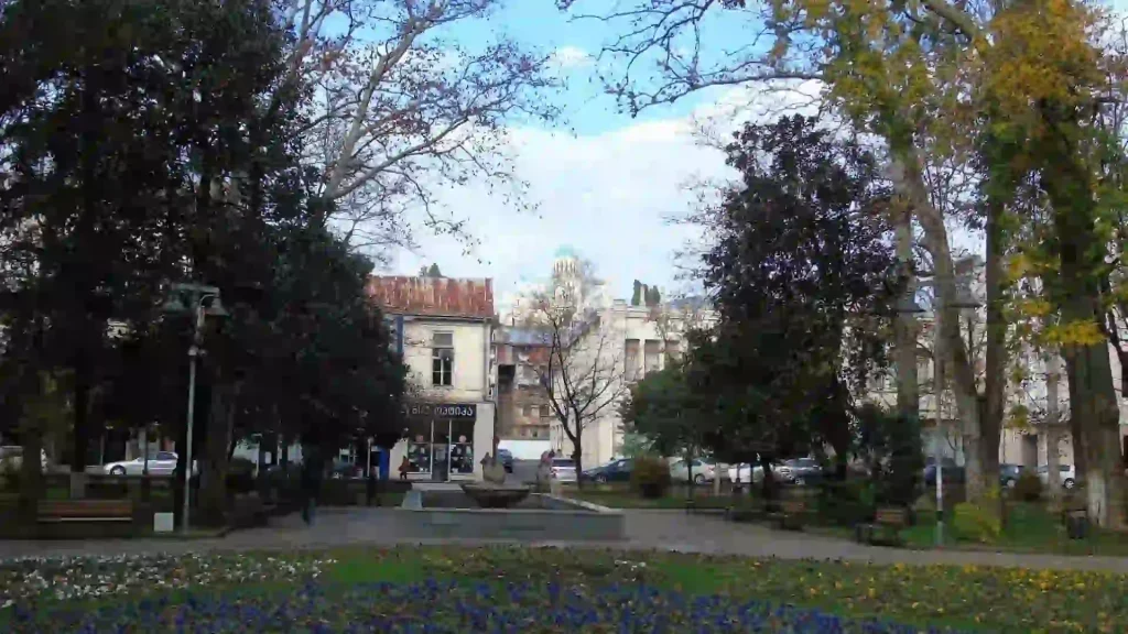 Beautiful blooming flowers with Bagrati Cathedral in the background.