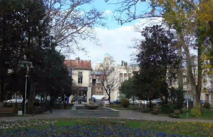 Beautiful blooming flowers with Bagrati Cathedral in the background.