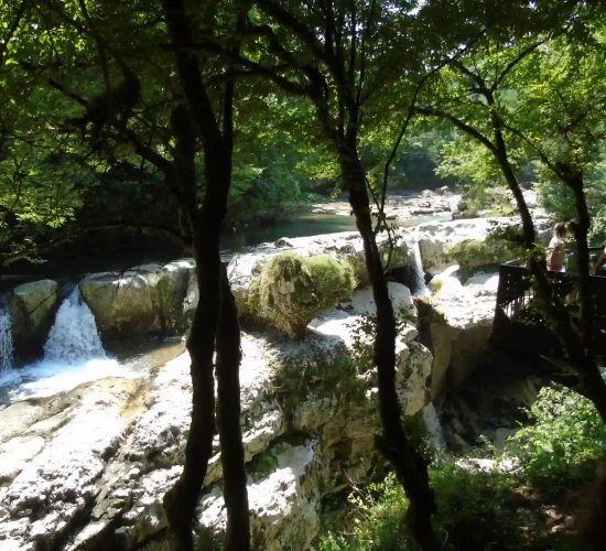 Emerald green river water flowing through small waterfalls in Martvili Canyon