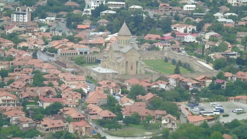 Aerial view of Svetitskhoveli Cathedral in Mtskheta