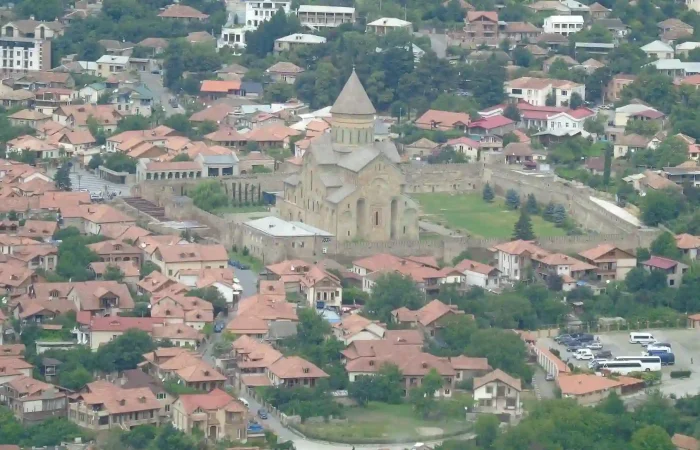 Aerial view of Svetitskhoveli Cathedral in Mtskheta