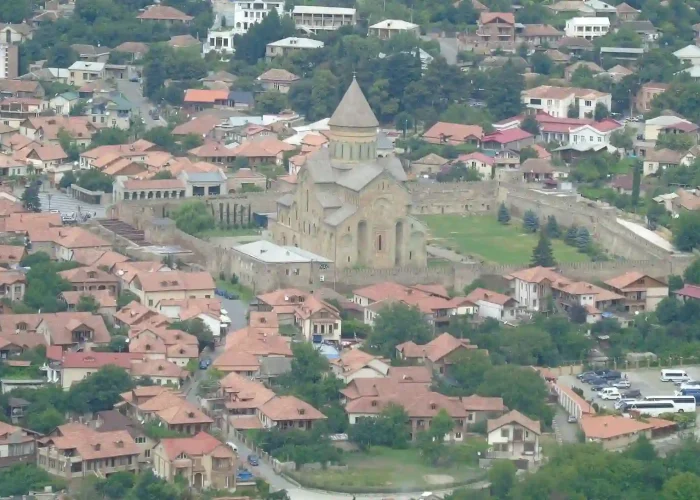 Aerial view of Svetitskhoveli Cathedral in Mtskheta