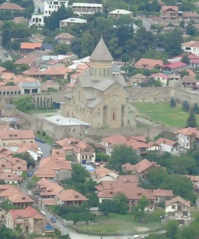 Aerial view of Svetitskhoveli Cathedral in Mtskheta