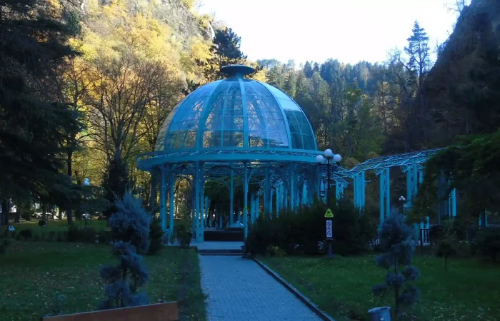 Borjomi day trip from Batumi - Central Park view., Blue dome mineral water fountain in Borjomi