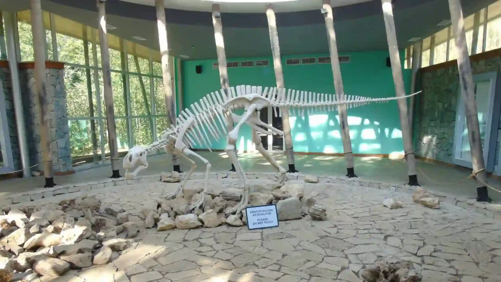 Realistic dinosaur model in the prehistoric park area