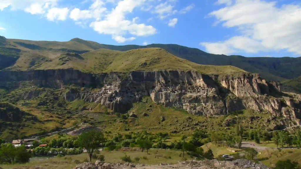 The entire Vardzia complex seen from the opposite mountain range