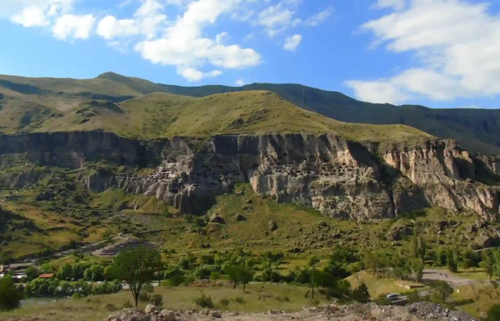 The entire Vardzia complex seen from the opposite mountain range