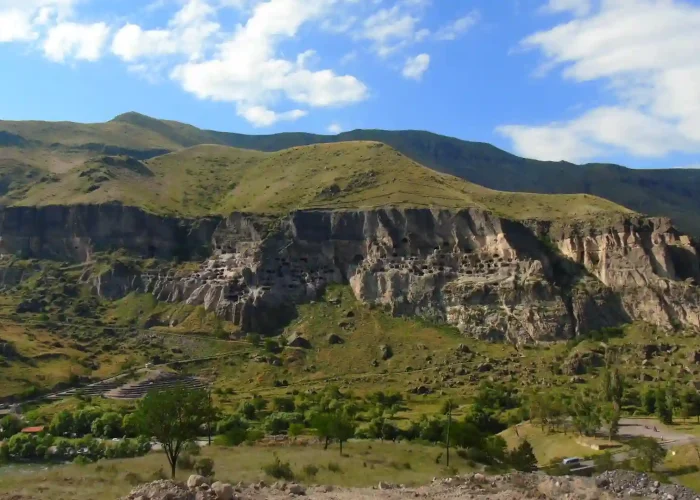 The entire Vardzia complex seen from the opposite mountain range