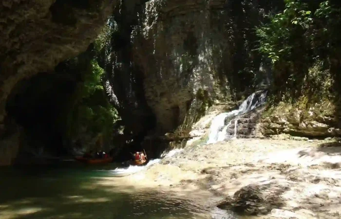 Beautiful scenery of multiple waterfalls during a Trip Martvili Canyon