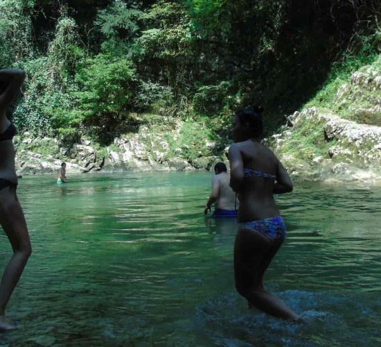 Martvili Canyon, Okatse River bank, swimming girls