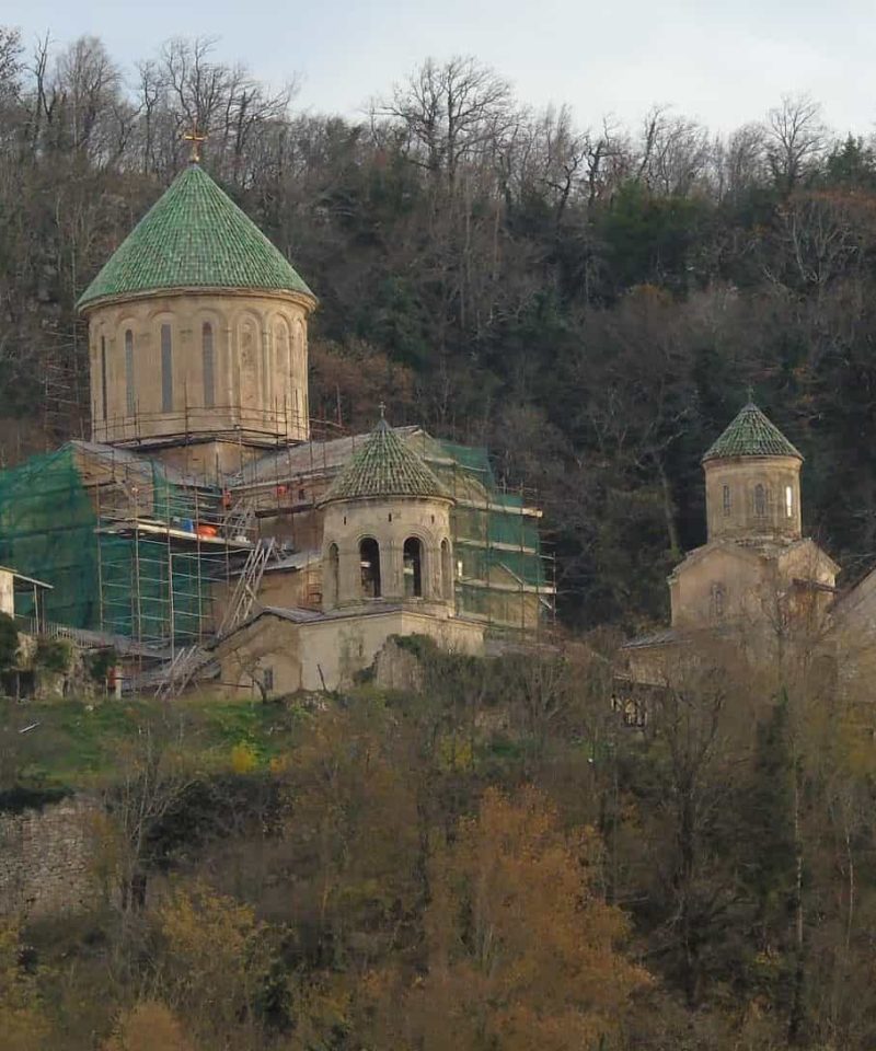 Gelati monastery complex, scaffolded temple in autumn colors