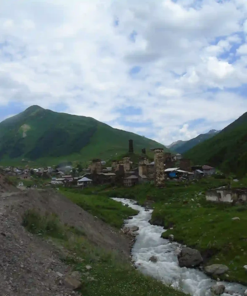 Authentic medieval stone towers and ancient castle ruins in Chazhashi village within Ushguli community Svaneti Georgia